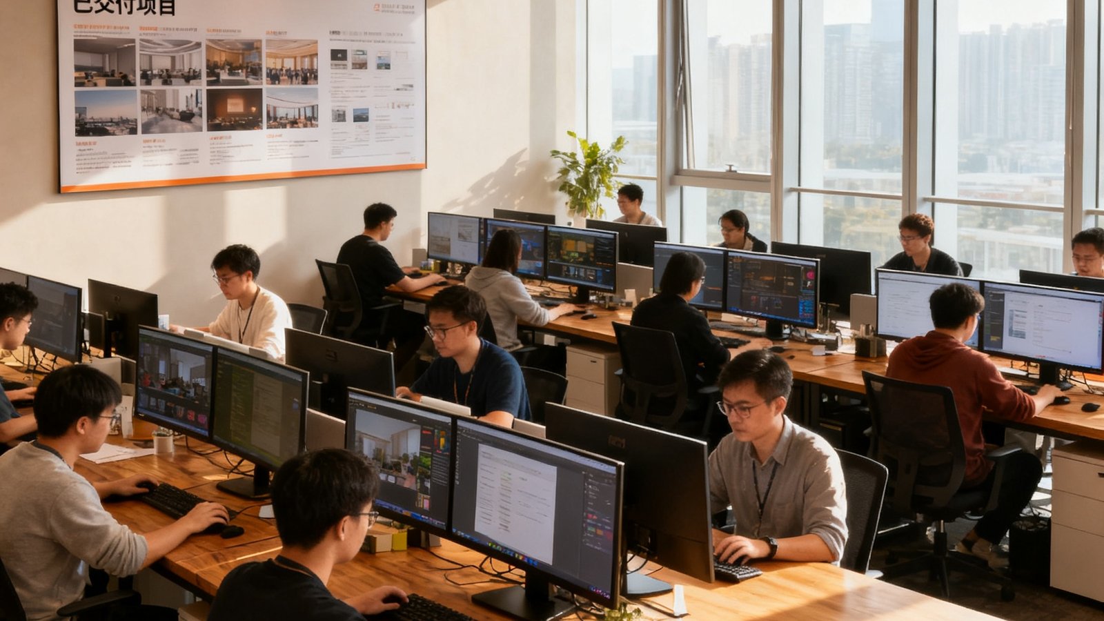 WM视讯深圳总部开放式办公区全景，数十位创意人员在双屏工作站前工作，墙面挂着已交付项目的海报，自然光透过落地窗洒在原木色桌面上，营造出专业而温馨的创作氛围。