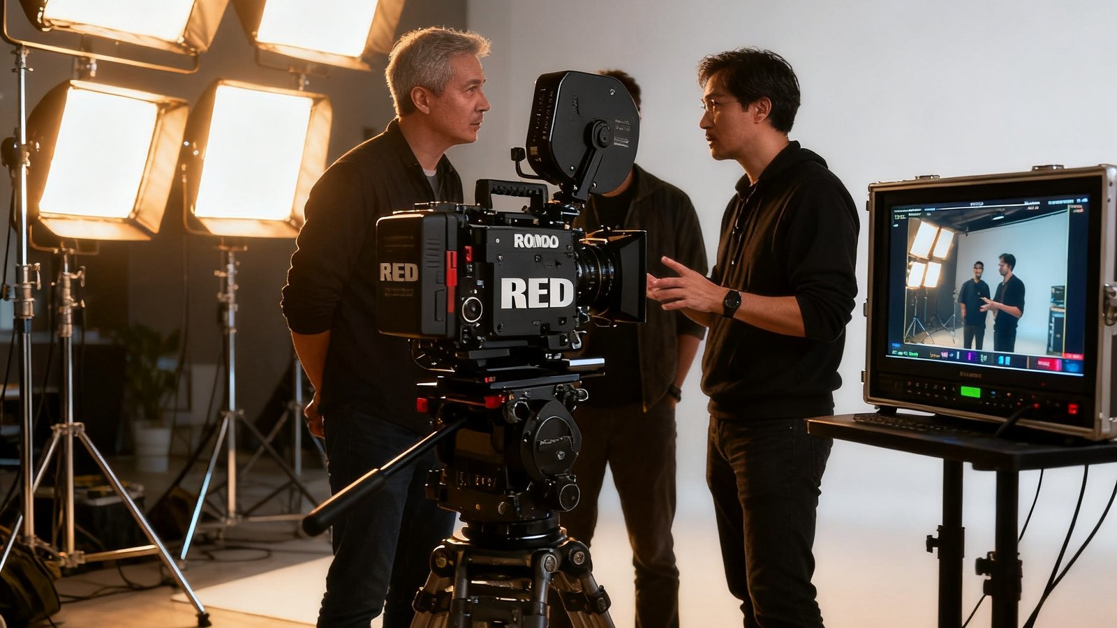 WM视讯专业摄制团队正在使用RED Komodo 6K电影机进行企业宣传片拍摄，导演与摄影师沟通构图，灯光组布置了三个柔光箱营造电影感光影，监视器上实时显示着4K画面。